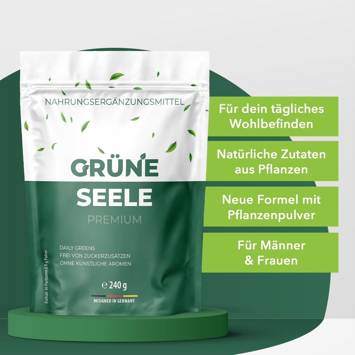Grüne Seele Premium Pulver (240g) neben Infoboxen mit Vorteilen wie "Natürliche Zutaten".