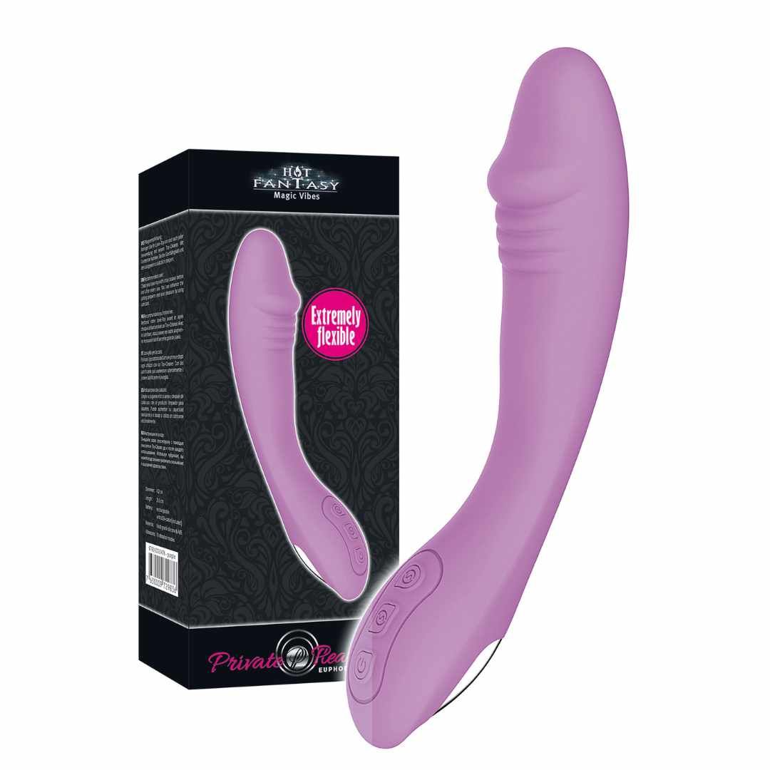 Lila Vibrator neben Verpackung. Verpackung mit Produktabbildung und Text. Aufschrift: Hot Fantasy, Private Pleasure.