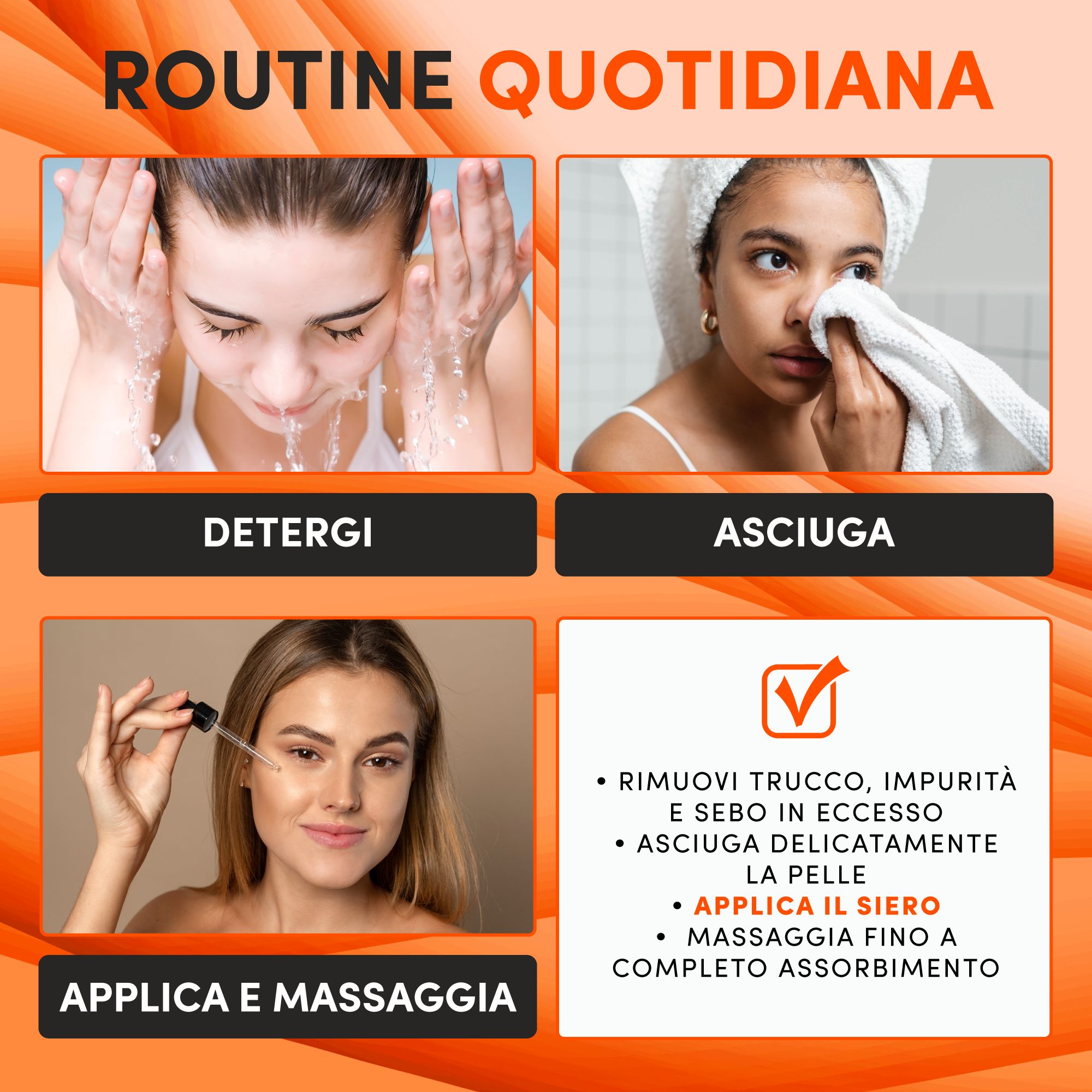 Anwendungsschritte: Reinigen, trocknen, Serum auftragen und einmassieren. Produktanwendung.