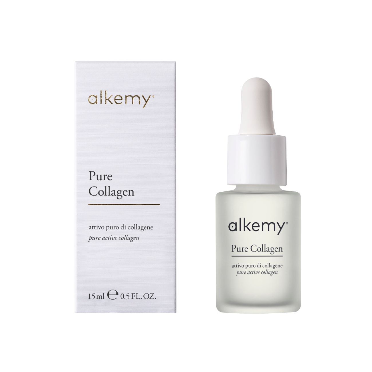 Ein Fläschchen Alkemy Pure Collagen Serum und seine Verpackungsbox.