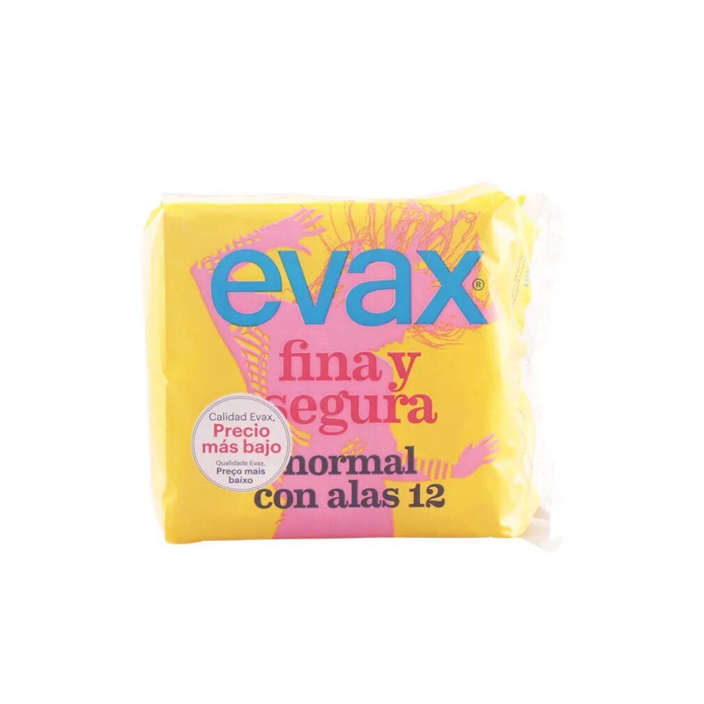 Gelbe Verpackung mit rosa Schriftzug "evax fina y segura normal con alas 12". Aufkleber: "Calidad Evax, Precio más bajo".