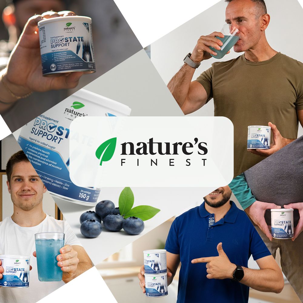 Collage: Männer mit Nature's Finest Prostate Support Dose, Glas, Beeren, Logo.