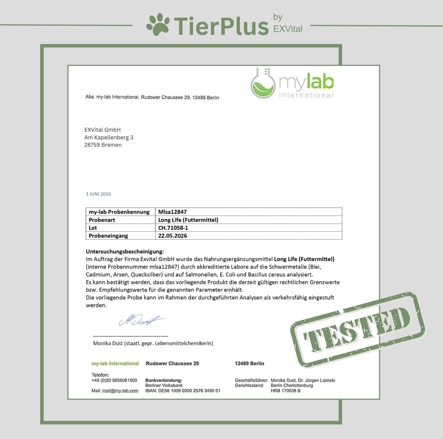 TierPlus Long Life: Laborbericht mit Testergebnis 'TESTED'. Analyse von EXVital GmbH.