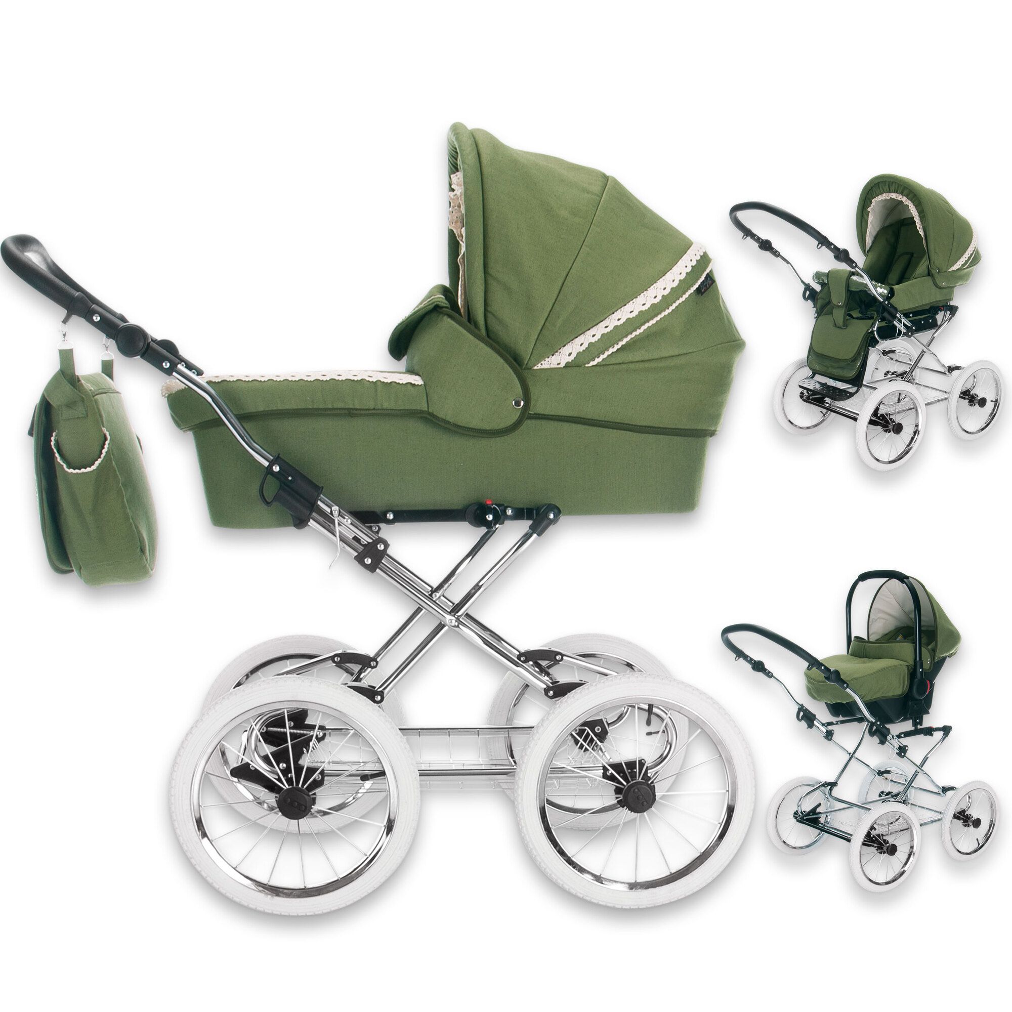Friedrich Hugo Natureline 3 in 1 Kinderwagen Set Öko Nostalgie Kinderwagen, Elisabeth Forrest Silver