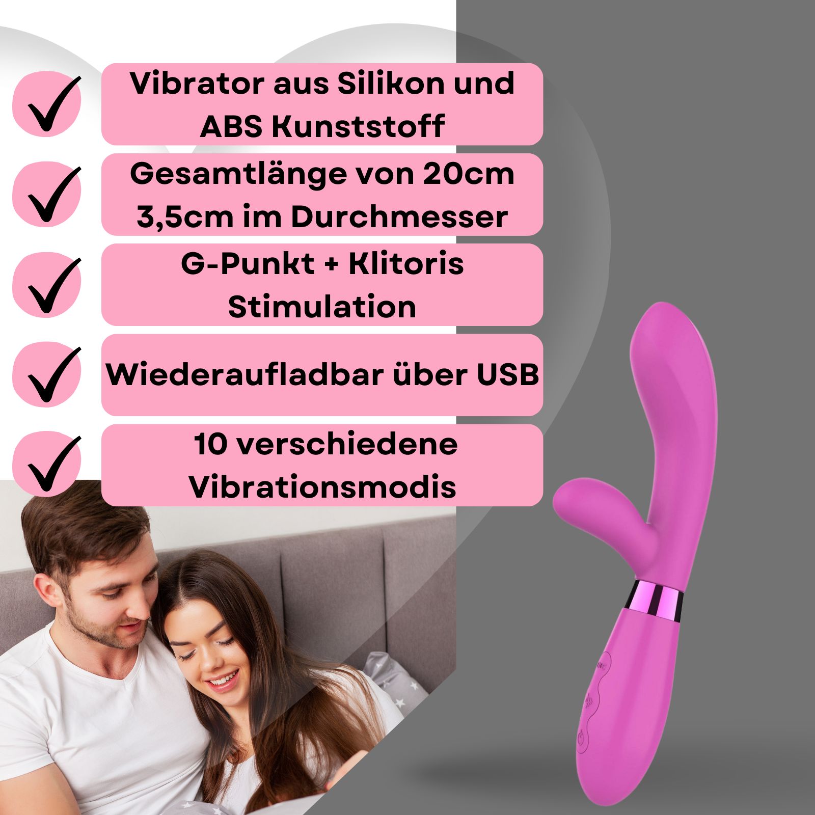 Rosa Vibrator aus Silikon und ABS. G-Punkt und Klitoris Stimulation. Paar im Hintergrund. Auf Podest.