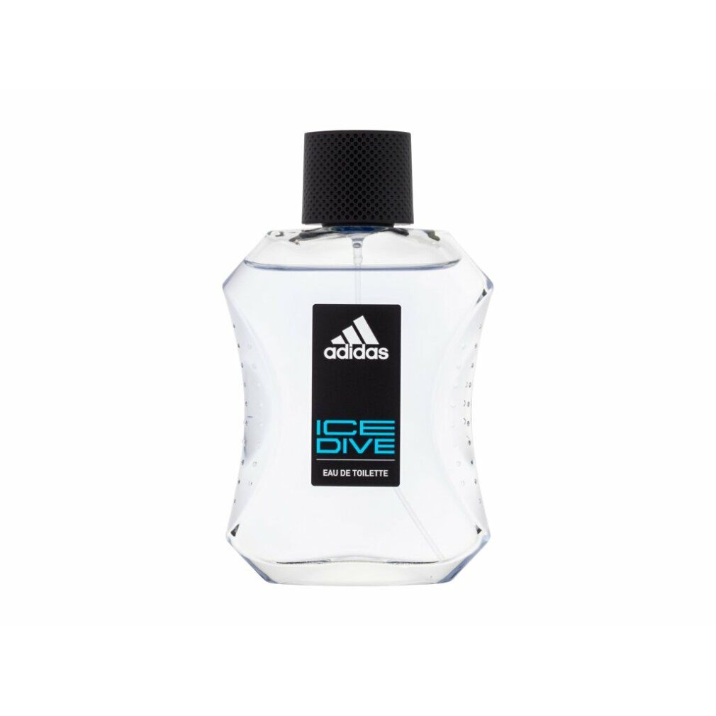 Klarer Flakon mit schwarzem Deckel. Aufkleber mit Adidas-Logo und Schriftzug ICE DIVE. Eau de Toilette.