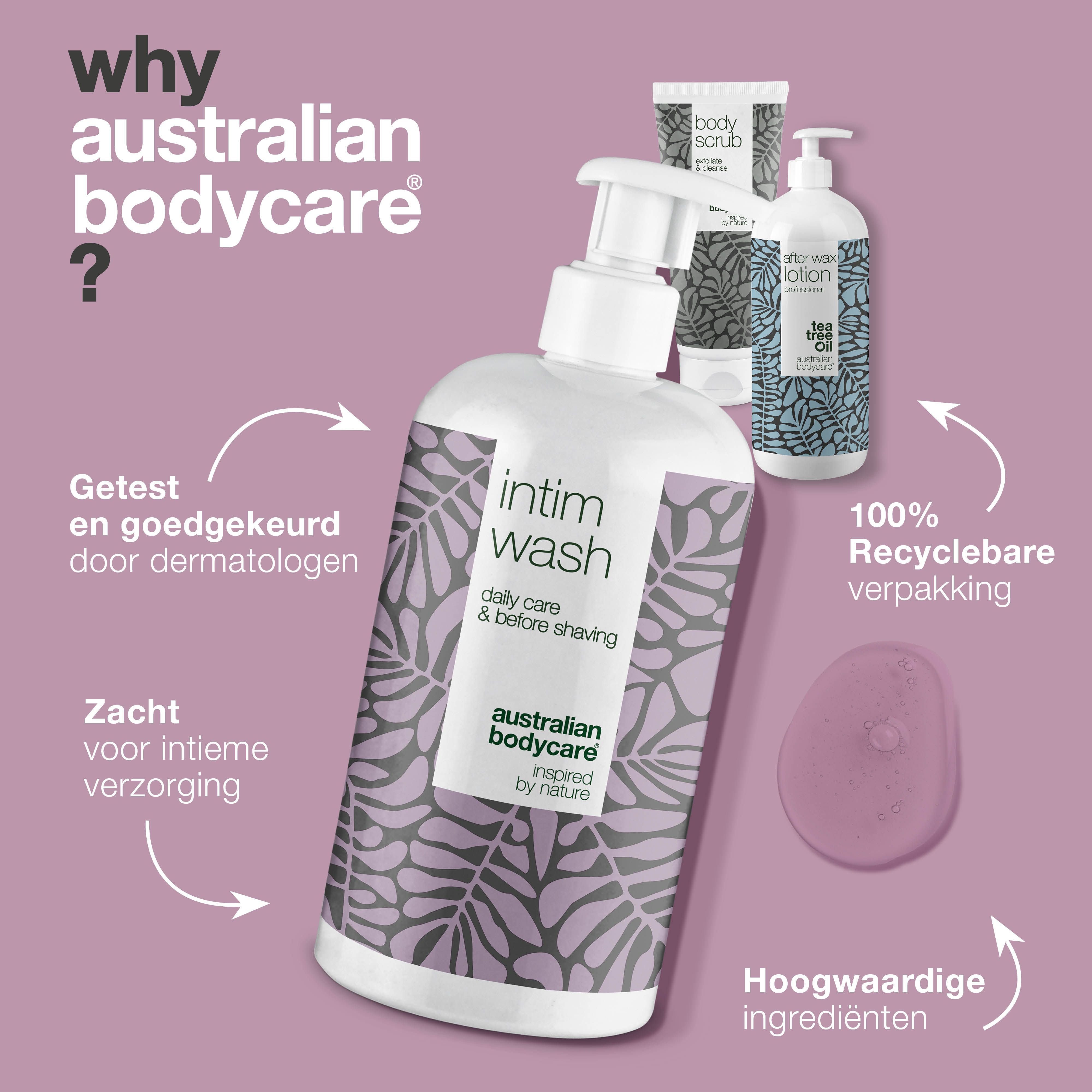 Intim Wash, After Wax Lotion, Body Scrub. Tekst: Waarom Australian Bodycare? Tekst: Dermatologisch getest.