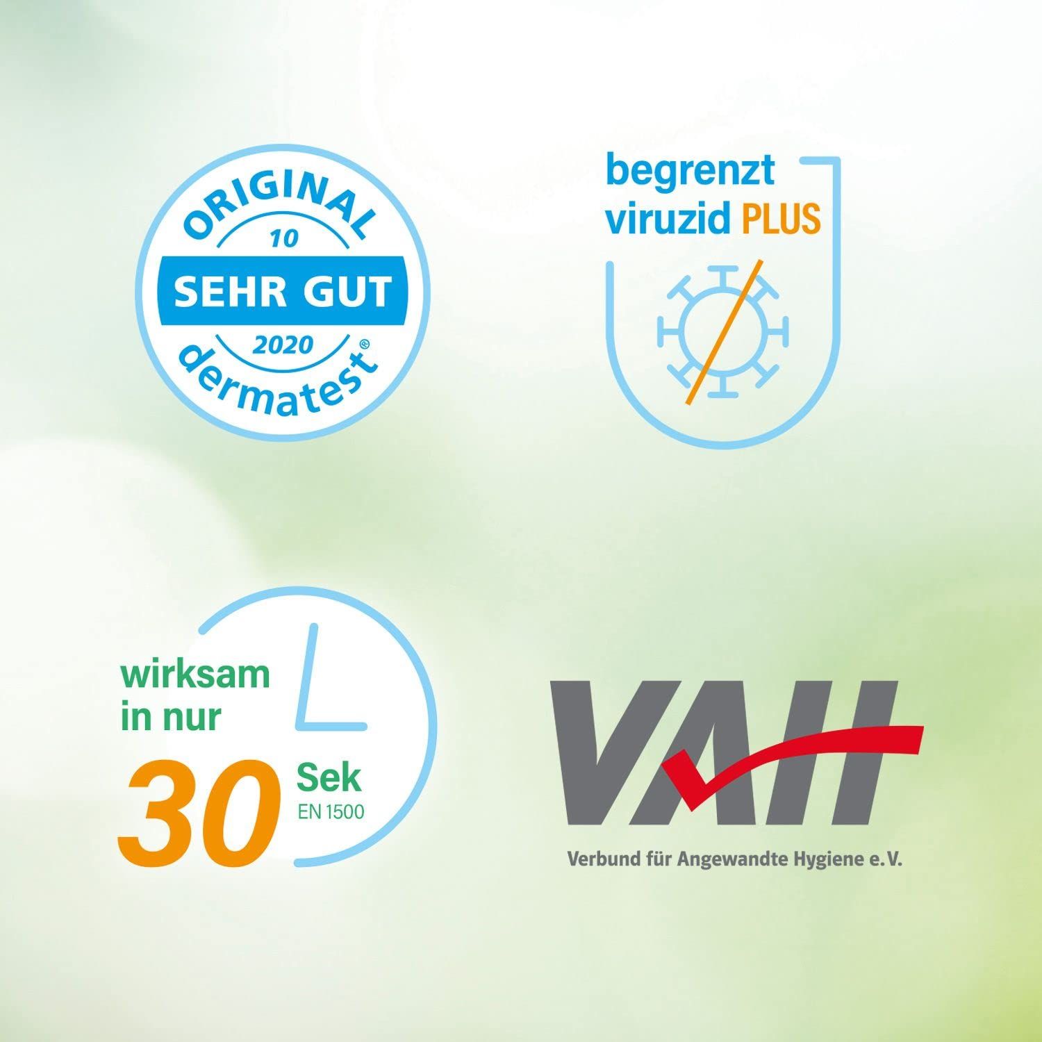 Verschiedene Qualitätssiegel für SETASAN Handdesinfektion: dermatest, begrenzt viruzid PLUS, wirksam in 30 Sek., VAH.