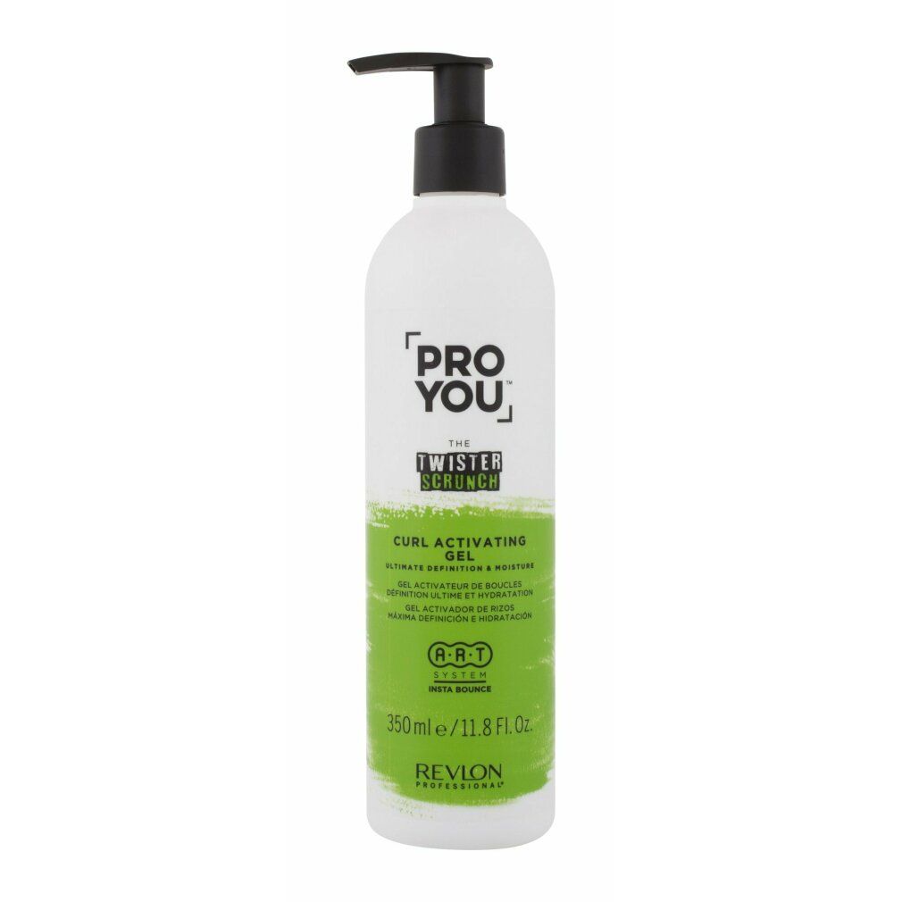 Weiße Flasche mit schwarzem Pumpkopf. Aufschrift: PRO YOU, THE TWISTER SCRUNCH, CURL ACTIVATING GEL. Grüne Akzente. 350ml/11.8 Fl. Oz. Revlon Professional.
