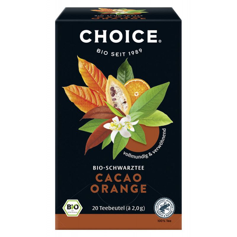 Schwarzer Tee Cacao Orange. Verpackung mit Logo, Blättern, Blüten und Früchten. Bio-Siegel. 20 Teebeutel.