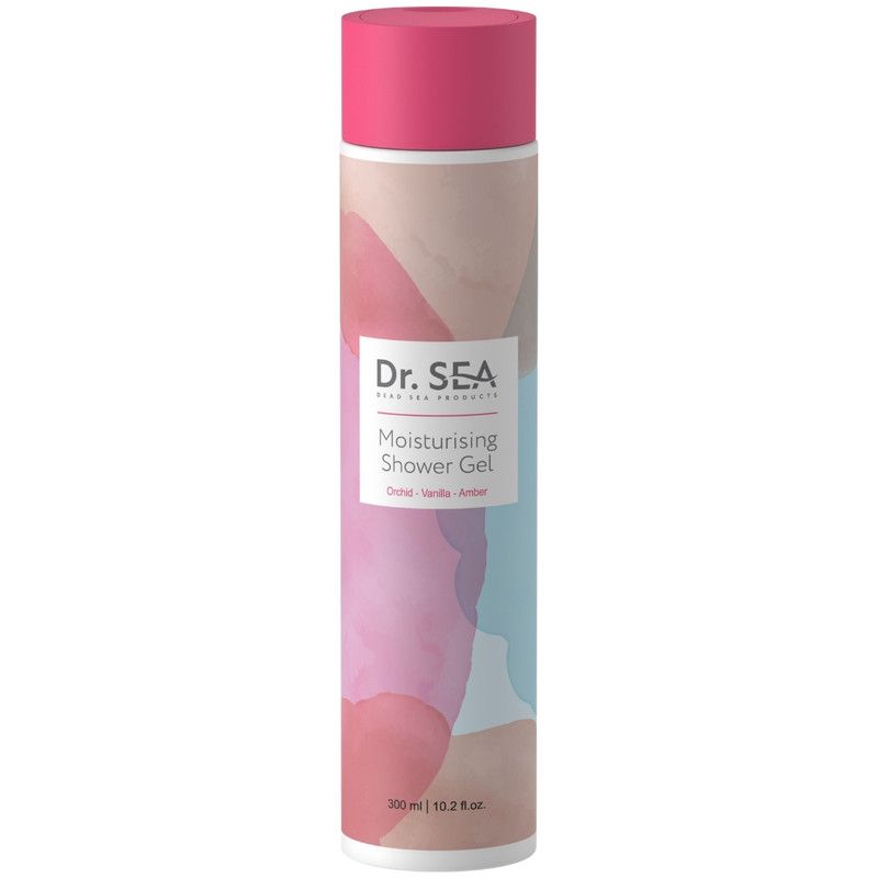 Flacone cilindrico con tappo rosa. Scritta: Dr. SEA, Gel doccia idratante, Orchidea & Vaniglia. Sfondo: colori acquerello.