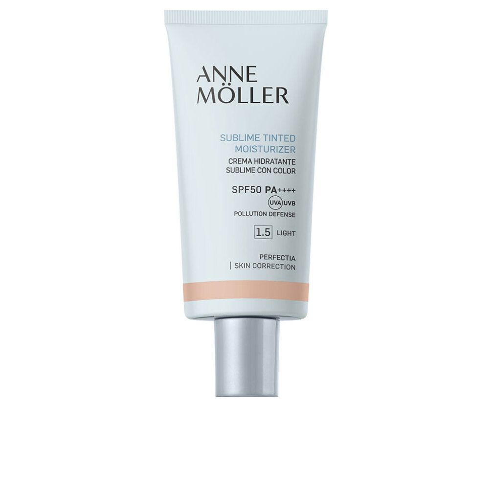 Tube mit Produkttext. Marke Anne Möller. Sublime Tinted Moisturizer SPF50. Farbton 1.5 Light. Creme mit Farbton und Sonnenschutz.