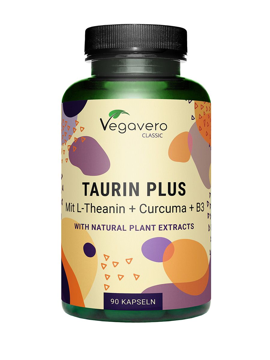 Grüne Flasche mit schwarzen Deckel. Aufschrift: Taurin Plus, Mit L-Theanin + Curcuma + B3. 90 Kapseln. Vegavaro Classic Logo.