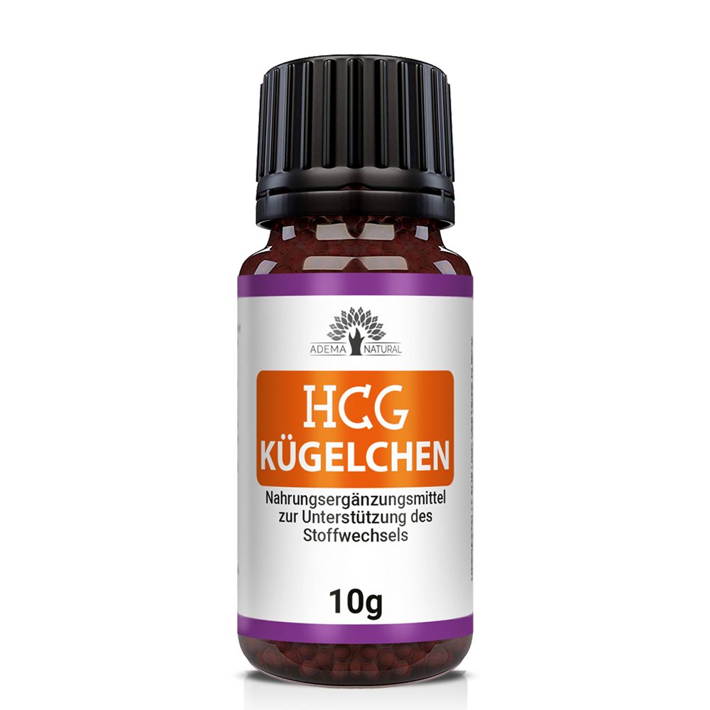 Braune Glasflasche mit schwarzem Deckel. Etikett mit "HCG Kügelchen" und "10g". Marke: Adema Natural.