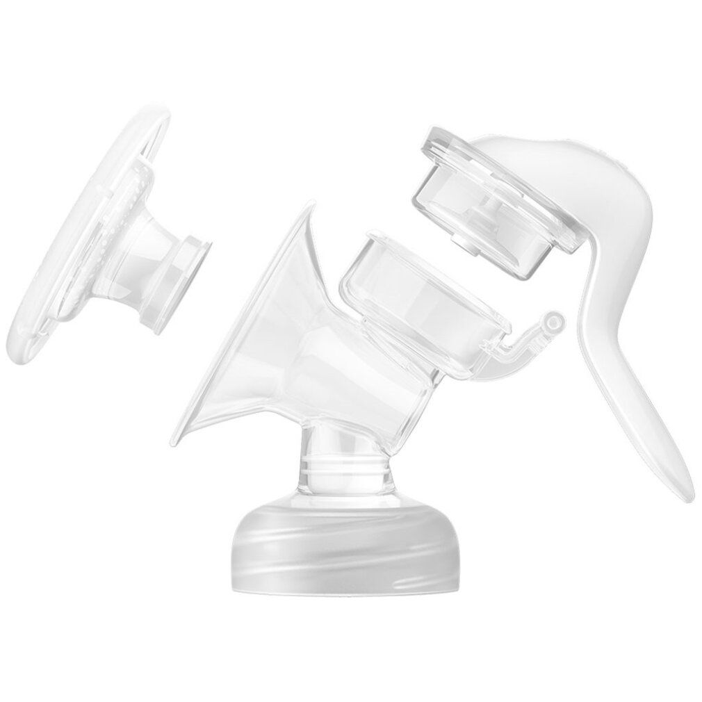 Zerlegte Handmilchpumpe. Marke: Philips Avent. Transparente und weiße Kunststoffteile. Einzelteile auf weißem Hintergrund.