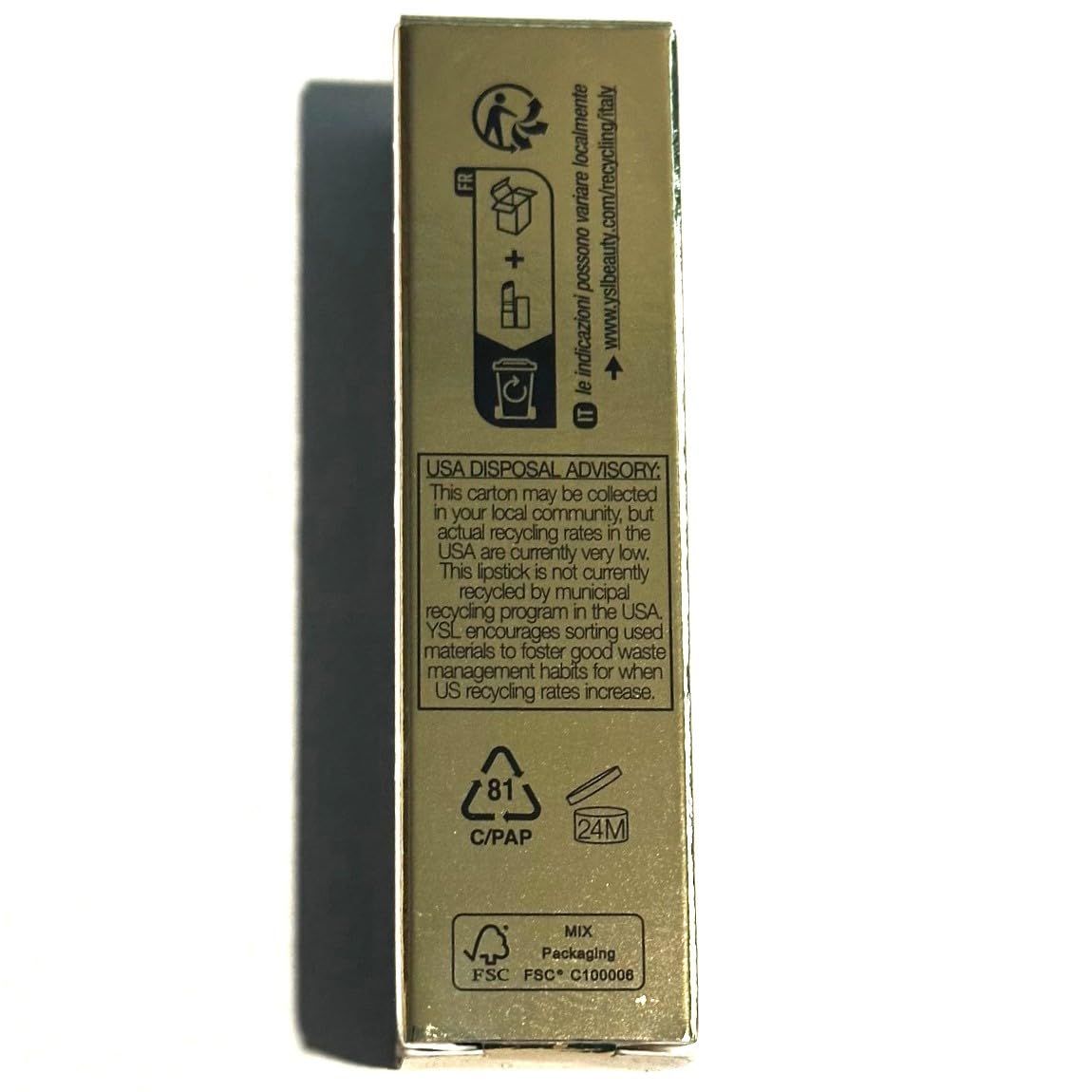 Seite der goldenen Verpackung von YSL Rossetto #6. Recycling-Hinweise und Informationen sind sichtbar.