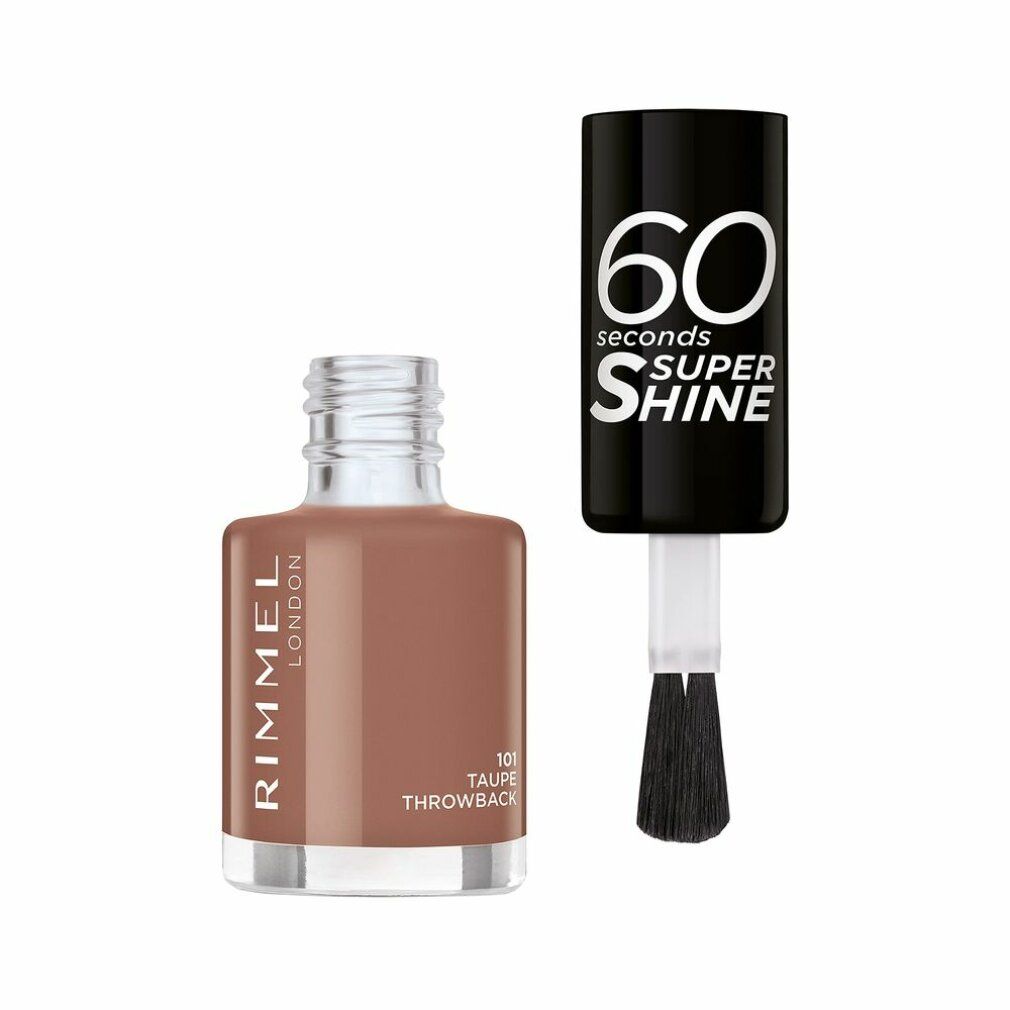 Nagellackflasche mit Pinsel. Farbe: Taupe. Aufschrift: Rimmel London, 60 Seconds Super Shine.