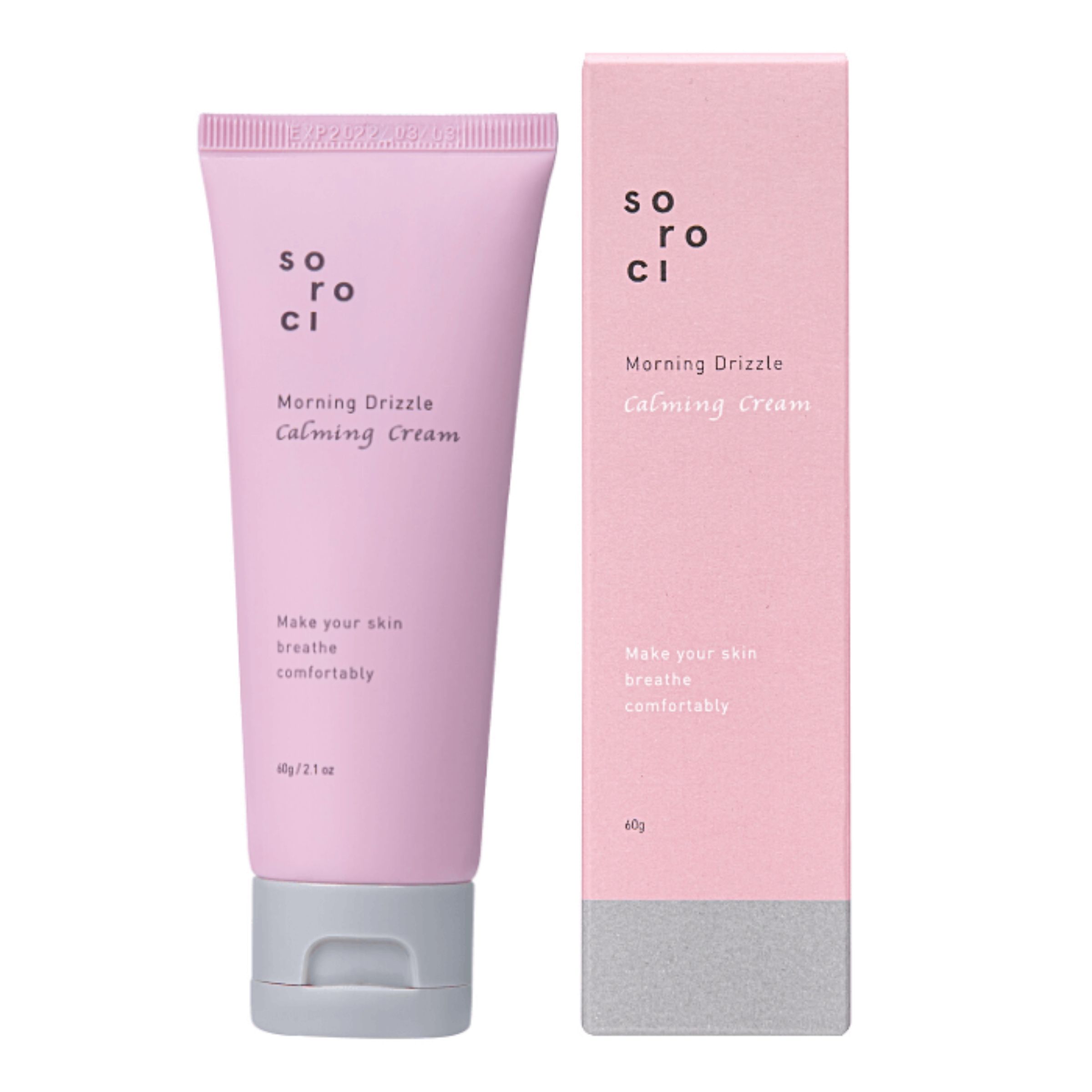 Rosa Tube mit "Soroci Morning Drizzle Calming Cream"-Aufdruck. Daneben eine rosa Schachtel mit ähnlichem Aufdruck.