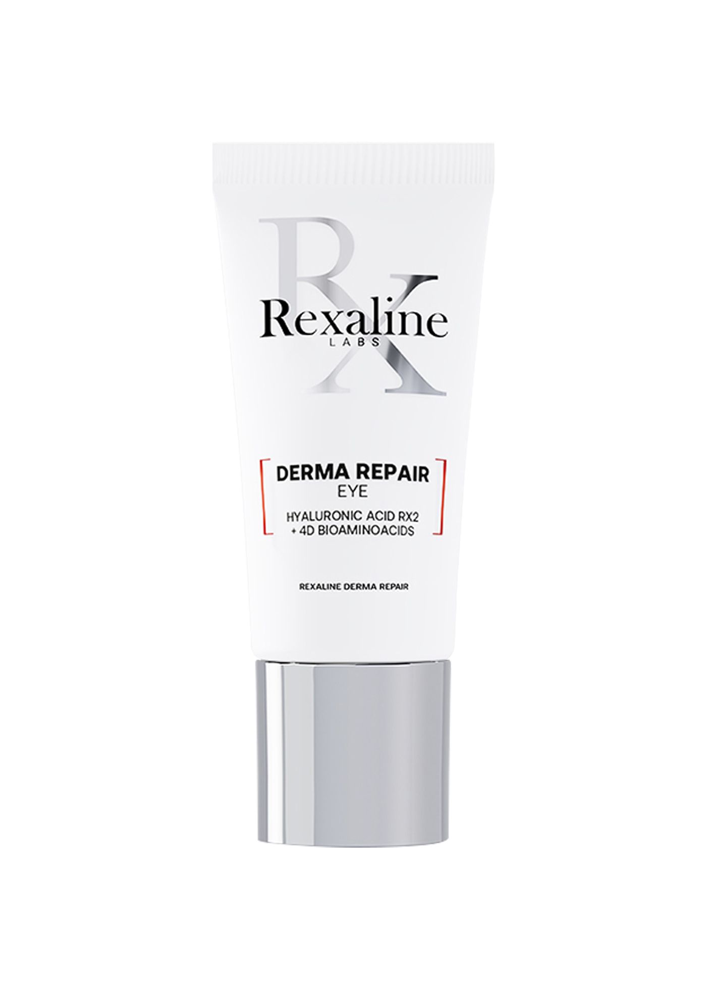 Weiße Tube mit silberfarbenem Verschluss. Aufschrift: Rexaline Derma Repair Eye, Hyaluronsäure RX2 + 40 Bioaminosäuren.