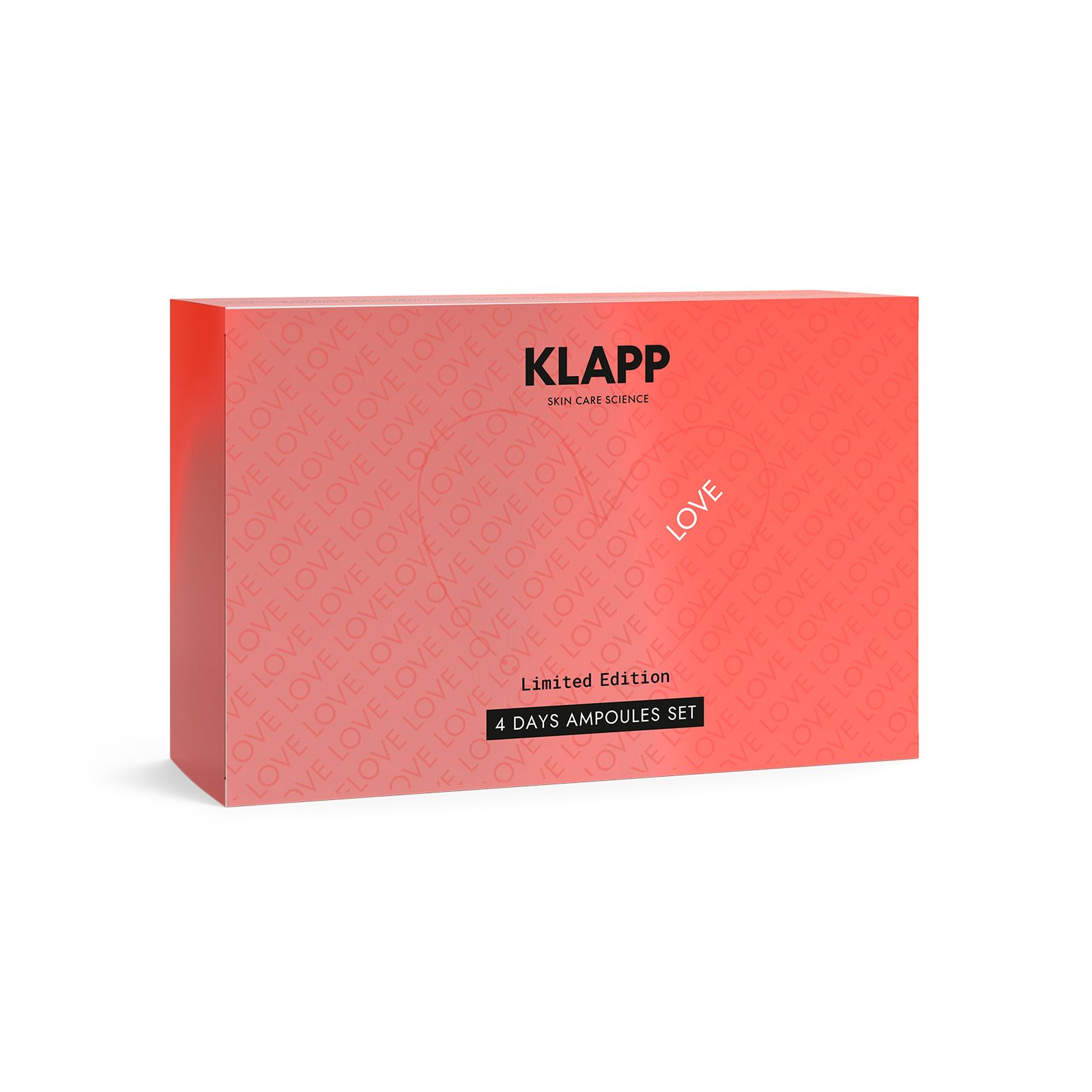 Rote Produktbox mit "KLAPP"-Logo und "LOVE"-Schriftzug. Aufschrift: "4 DAYS AMPOULES SET" und "Limited Edition".