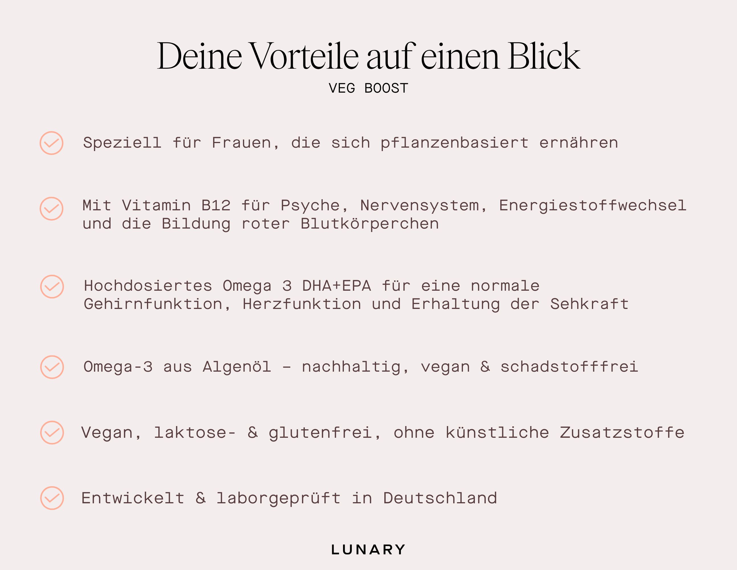 Text mit Vorteilen von Veg Boost. Enthält Informationen über Omega 3.