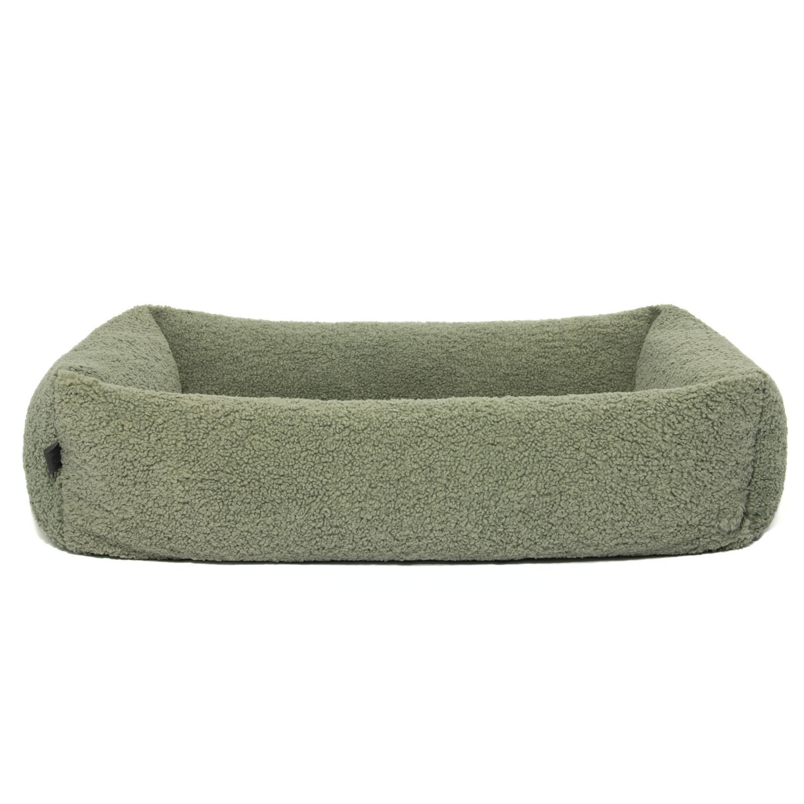Hundebett, rechteckig, olivgrün, Teddy-Optik. Mit erhöhtem Rand und niedrigem Einstieg.