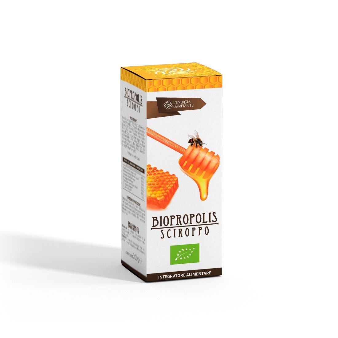 Scatola rettangolare di "L'Energia delle Piante Biopropolis Sciroppo". L'imballaggio mostra un favo, un cucchiaio di miele e un'ape. Il testo include "Biopropolis Sciroppo" e "Integratore Alimentare". È presente il logo biologico.