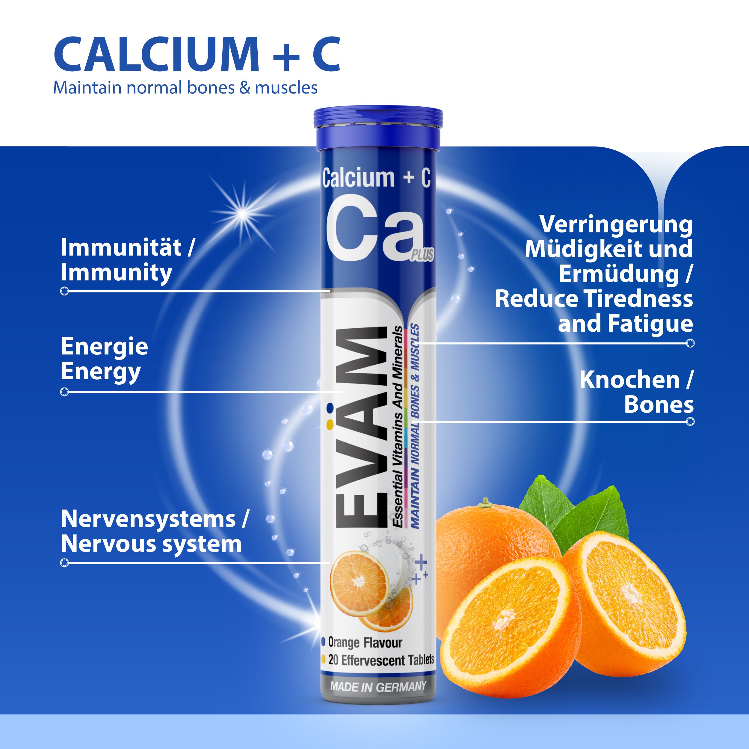 EVÄM Calcium + C Tube, blaue Kappe, weiße und blaue Etikettierung. Enthält 20 Brausetabletten. Mit Orangen. Vorteile: Immunität, Energie, Nervensystem, Knochen, Reduzierung Müdigkeit.