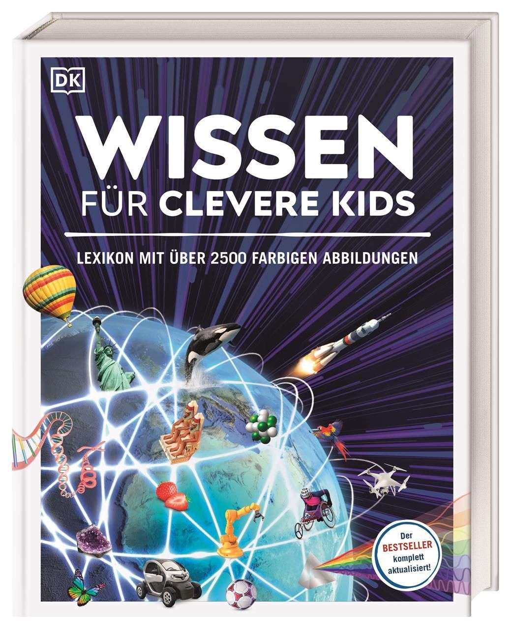 Buchcover: Wissen für clevere Kids. Lexikon mit über 2500 farbigen Abbildungen. Auf blauem Hintergrund, Weltkarte mit Illustrationen.