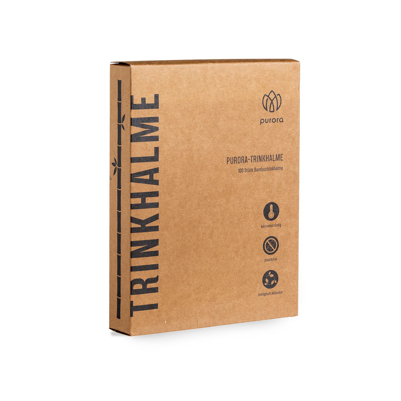 Kartonverpackung mit "TRINKHALME" und "purora" Schriftzug. Illustration von Bambus.