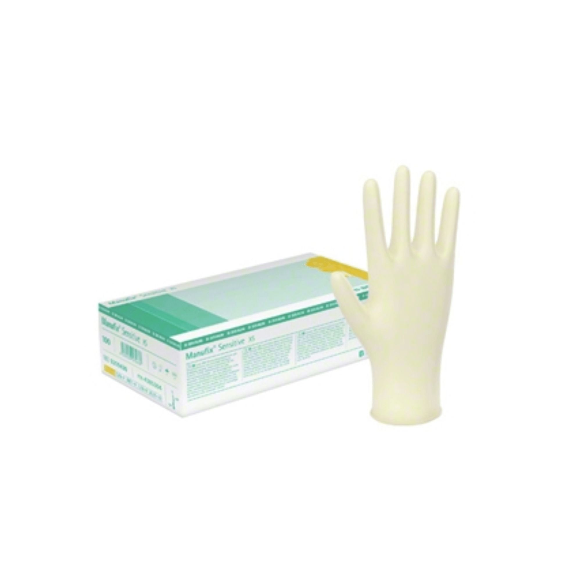 Beige Einweghandschuhe neben einer Verpackung. Auf der Verpackung steht "MANUFIX SENSITIVE EXTRA KLEIN".