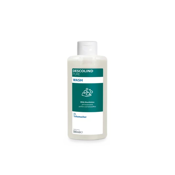Flasche Descolind Pure Wash Waschlotion. Weißes Etikett mit grüner Schrift. 500ml.