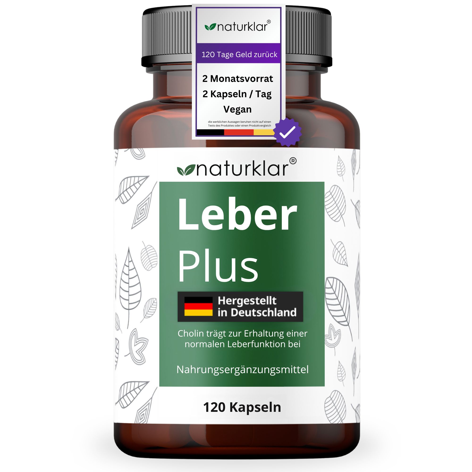 Braune Flasche mit Kapseln. Etikett mit Produktname "Leber Plus", Logo und Informationen. 120 Kapseln. Siegel: 120 Tage Geld zurück.
