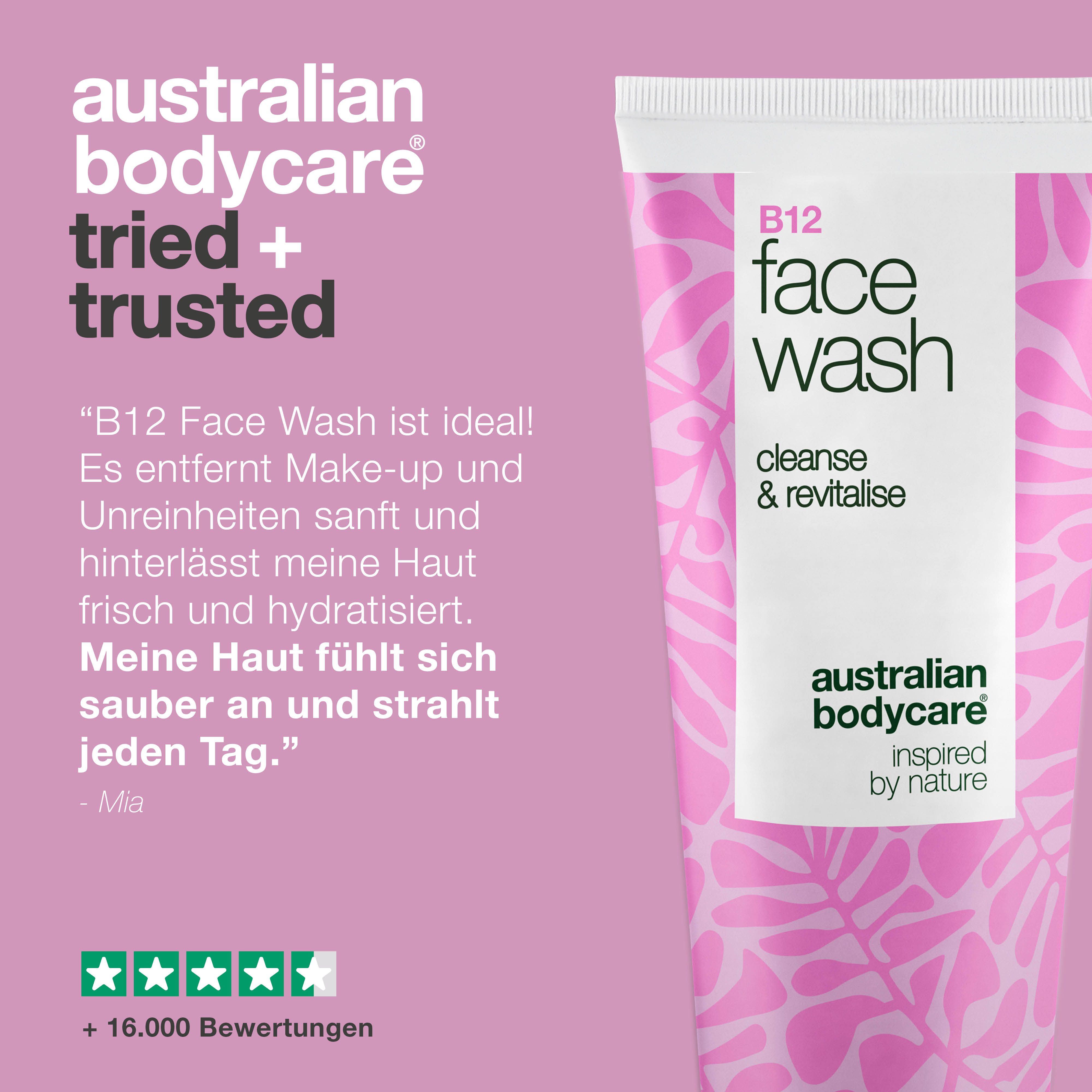Tube Gesichtswaschmittel mit Text und Bewertung. Aufschrift: B12 Face Wash, cleanse & revitalise, Australian Bodycare. +16.000 Bewertungen.