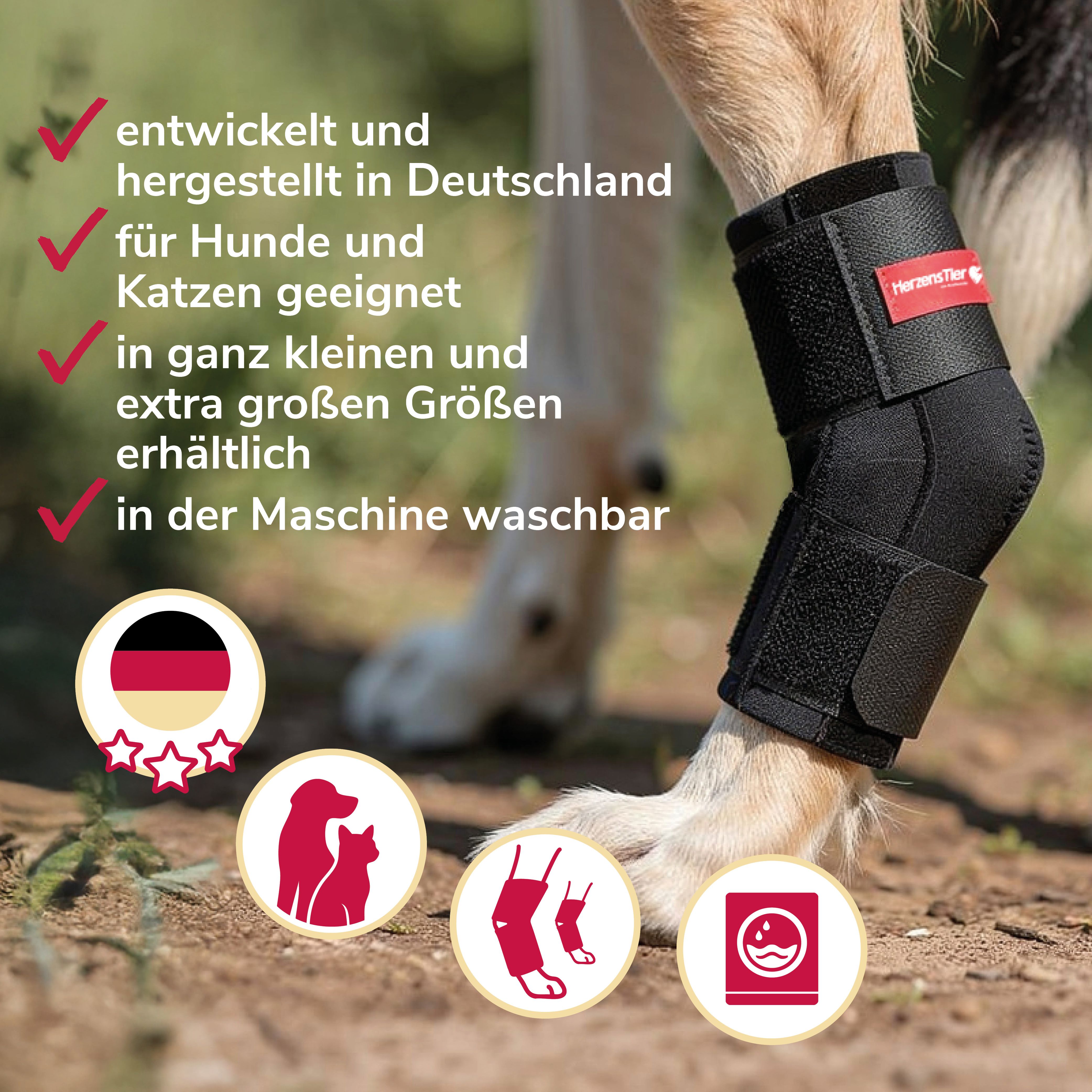 Schwarze Sprunggelenkbandage aus Neopren für Hunde und Katzen. Waschbar. Hergestellt in Deutschland. Logo mit Hund und Katze.