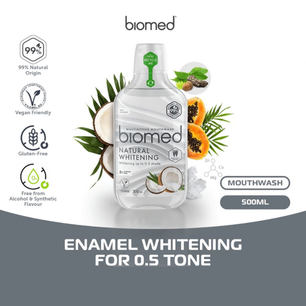 Mundspülung-Flasche mit "biomed"-Logo und "Natural Whitening". Kokosnuss-Illustrationen. Enthält Zertifizierungen: 99% natürliche Herkunft, vegan, glutenfrei.