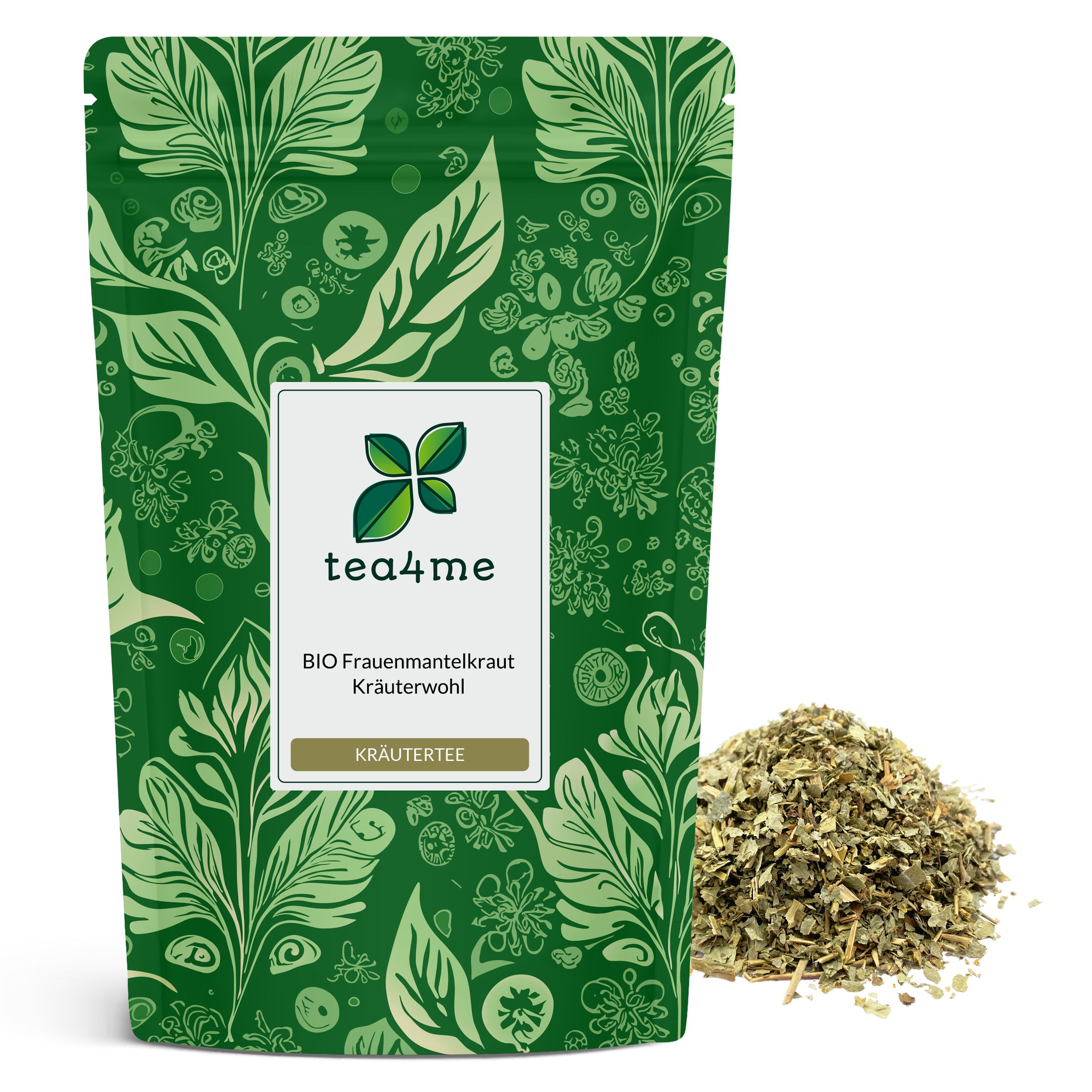 Grüner Beutel mit floralem Muster und Produktbezeichnung. Daneben ein Haufen Kräutertee.