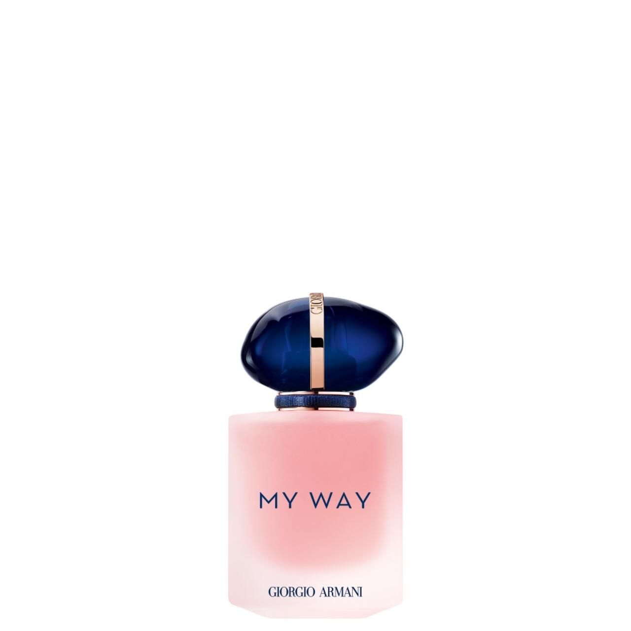 Rosa Glasflakon mit blauem Deckel. Aufschrift "MY WAY" und "GIORGIO ARMANI".