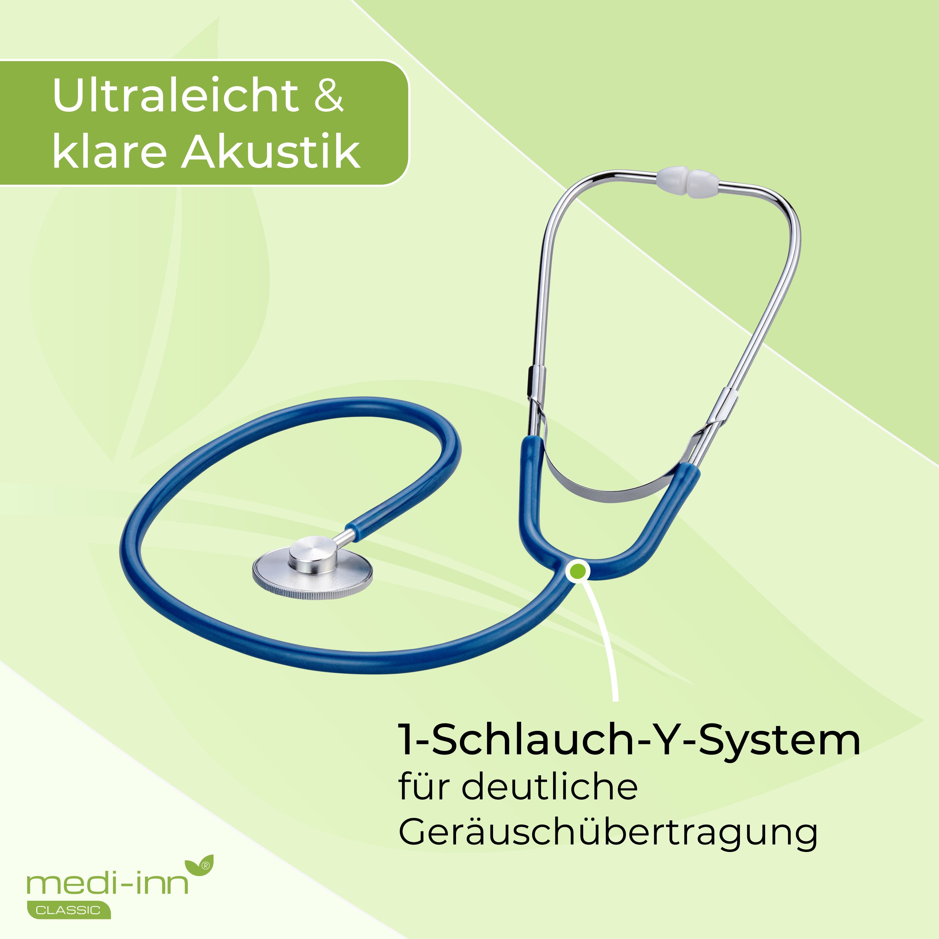 Blaues Stethoskop mit 1-Schlauch-Y-System für klare Akustik.