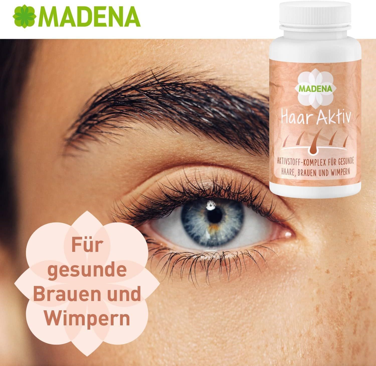MADENA Haar Aktiv Kapseln, Flasche neben Auge mit Augenbrauen und Wimpern. Text: 'Für gesunde Brauen und Wimpern'.