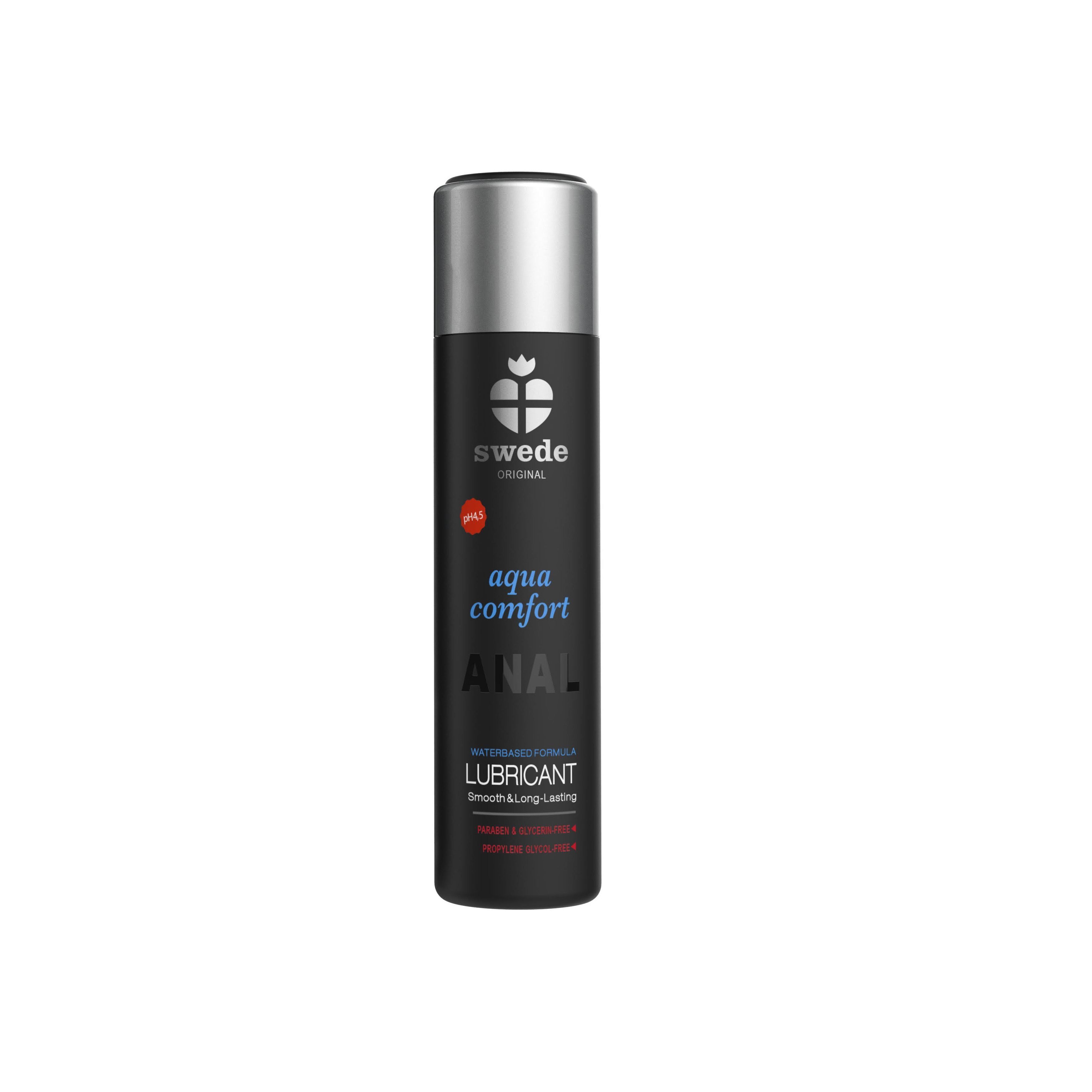 Schwarze Flasche mit silbernem Deckel. Aufschrift: Swede, aqua comfort ANAL, LUBRICANT. Wasserbasierte Formel.