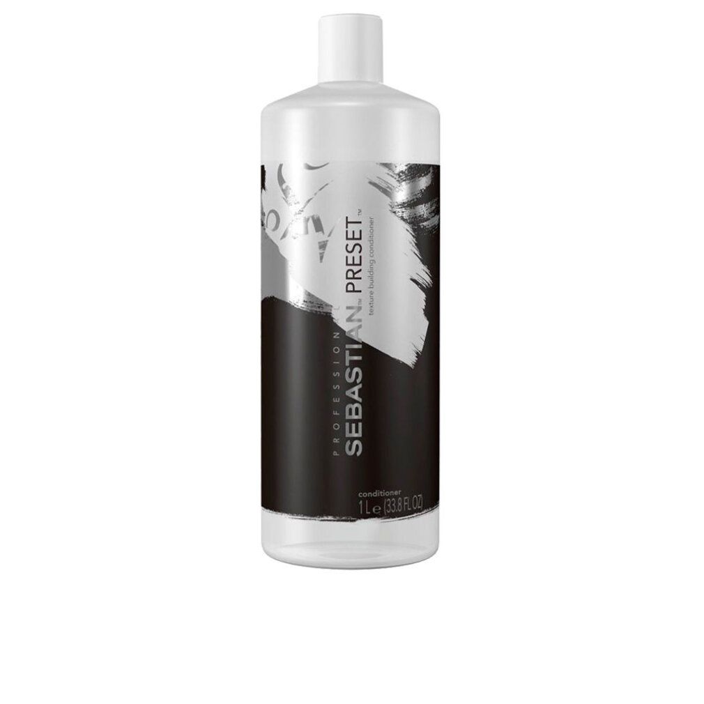 Flasche Sebastian Preset Conditioner. Weißes Gefäß mit schwarzem Etikett. Text: Sebastian Preset, Conditioner, 1L.