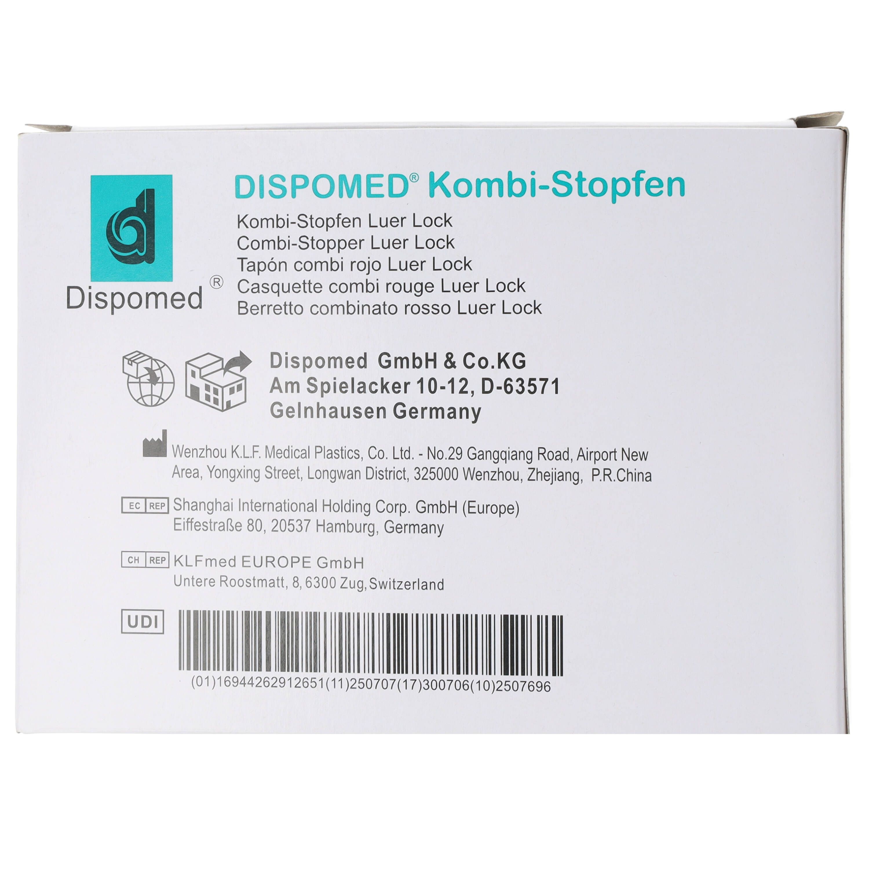 Rückseite einer weißen Verpackung mit Produktinformationen. Der Name 'DISPOMED Kombi-Stopfen' ist deutlich sichtbar.