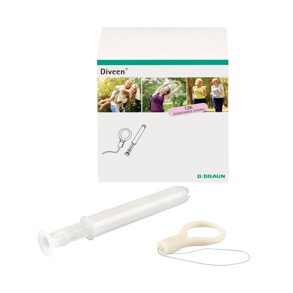 Vaginaltampon mit Applikator und Rückholschlaufe. B. Braun Logo und Produktabbildungen auf Verpackung.