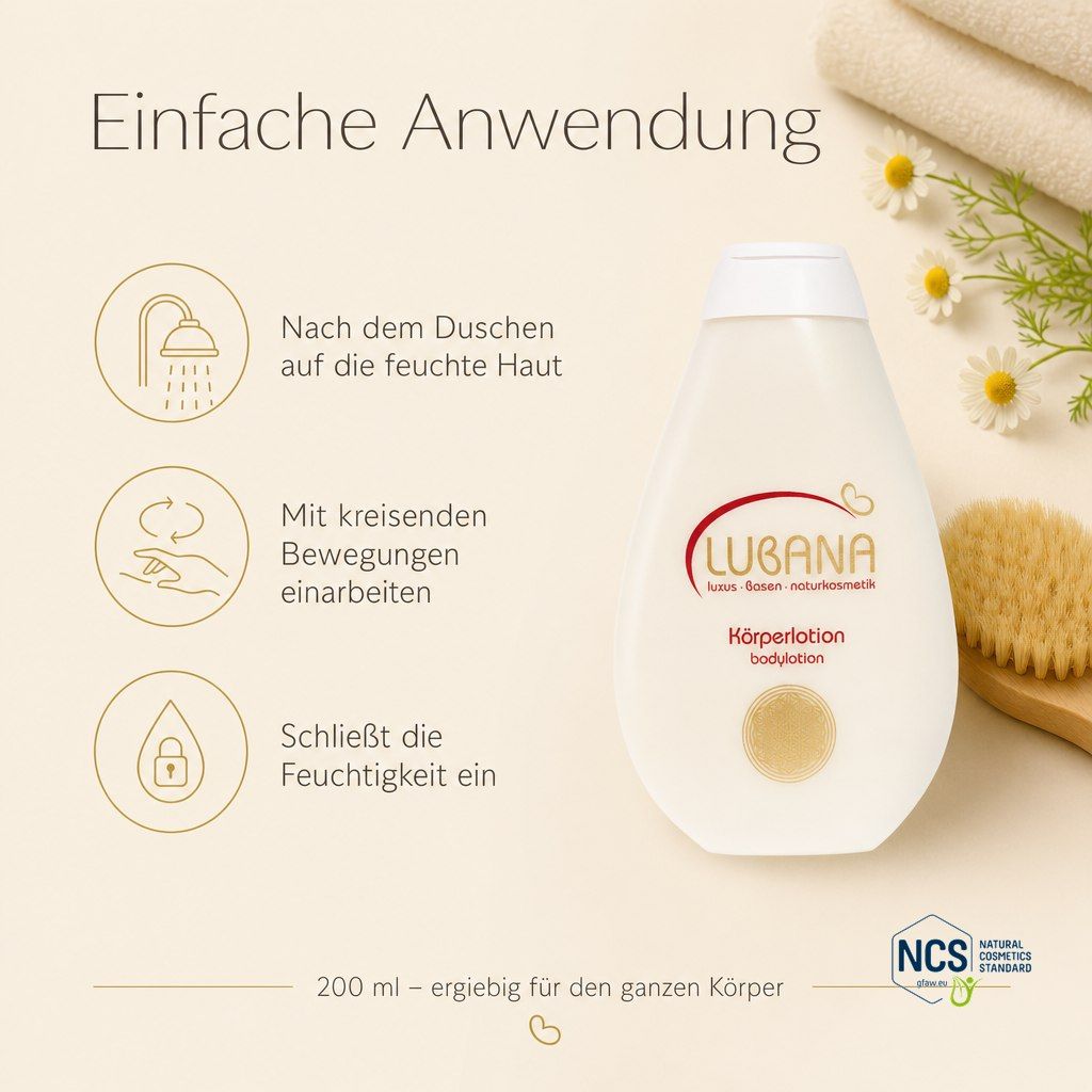 Lubana Körperlotion Flasche neben Handtüchern und einer Bürste.