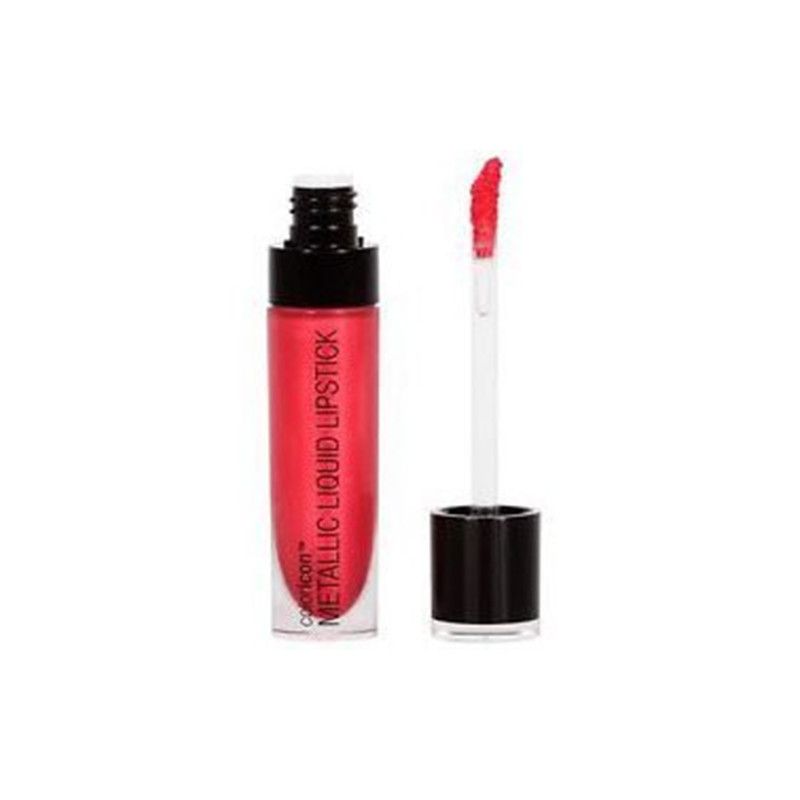 Wet n Wild Metallic Liquid Lipstick in Rot, mit Applikator und Fläschchen.