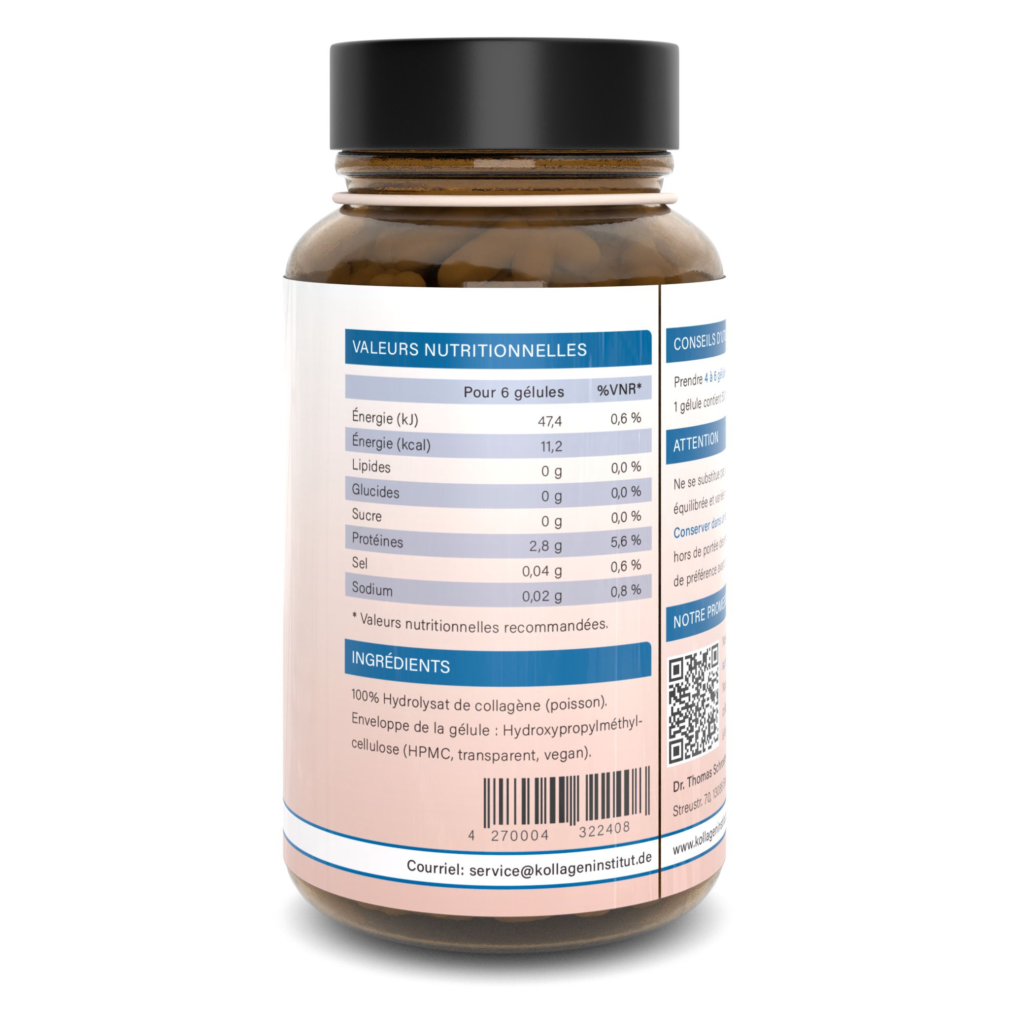 Retro di una bottiglia di capsule marrone. Tabella nutrizionale e lista ingredienti. Contiene idrolizzato di collagene.