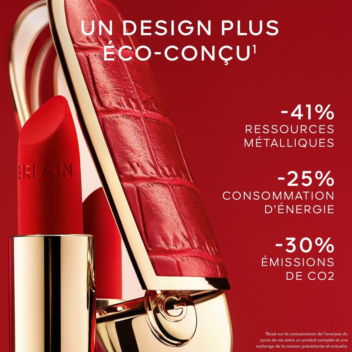 Roter Lippenstift und Hülle. Text: UN DESIGN PLUS ÉCO-CONÇU. Prozentangaben zu Ressourcen, Energie und CO2-Emissionen.