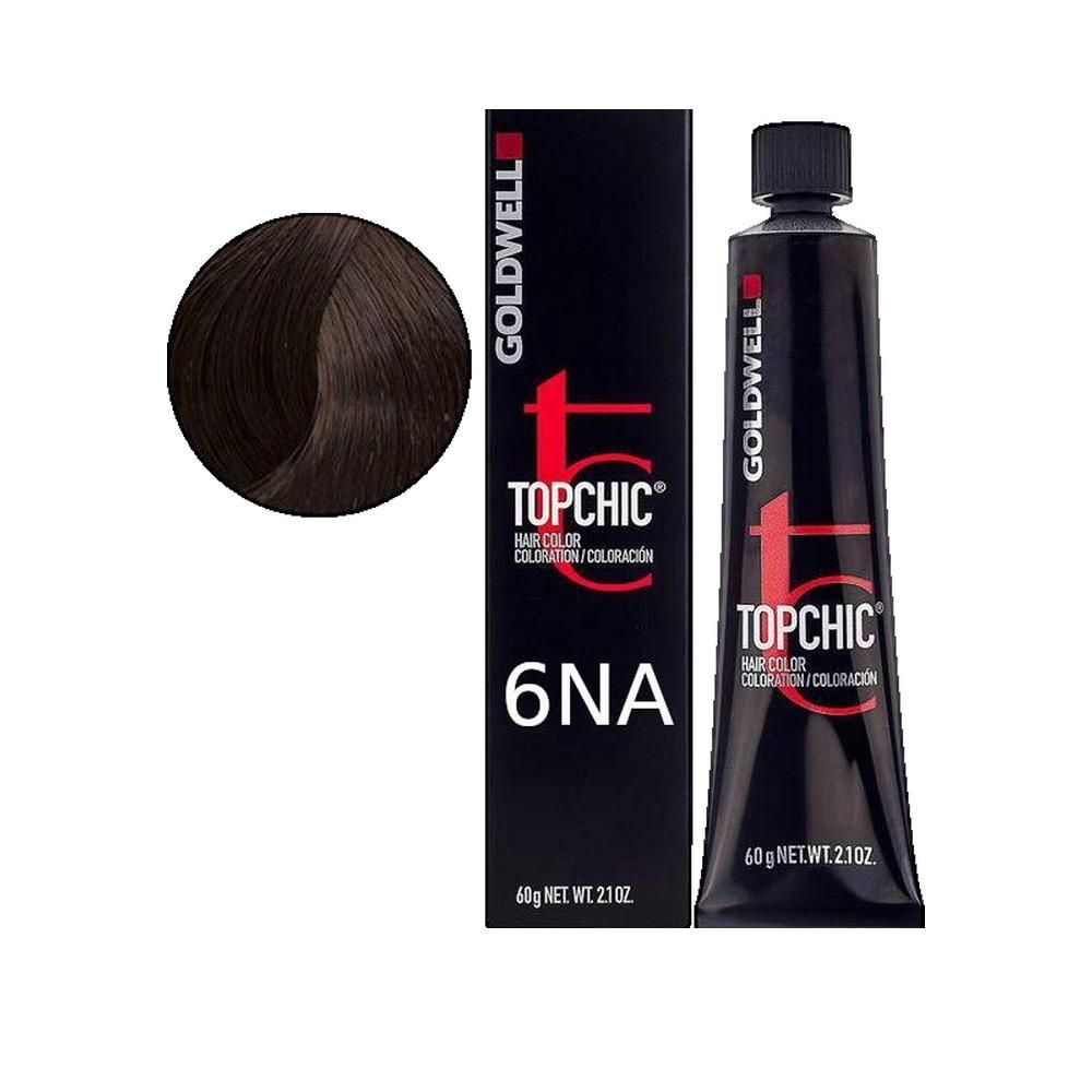 Goldwell Topchic Haarfarbe, Farbton 6NA. Schwarze Tube und Schachtel mit roter Schrift. Farbkreis mit Farbton 6NA.
