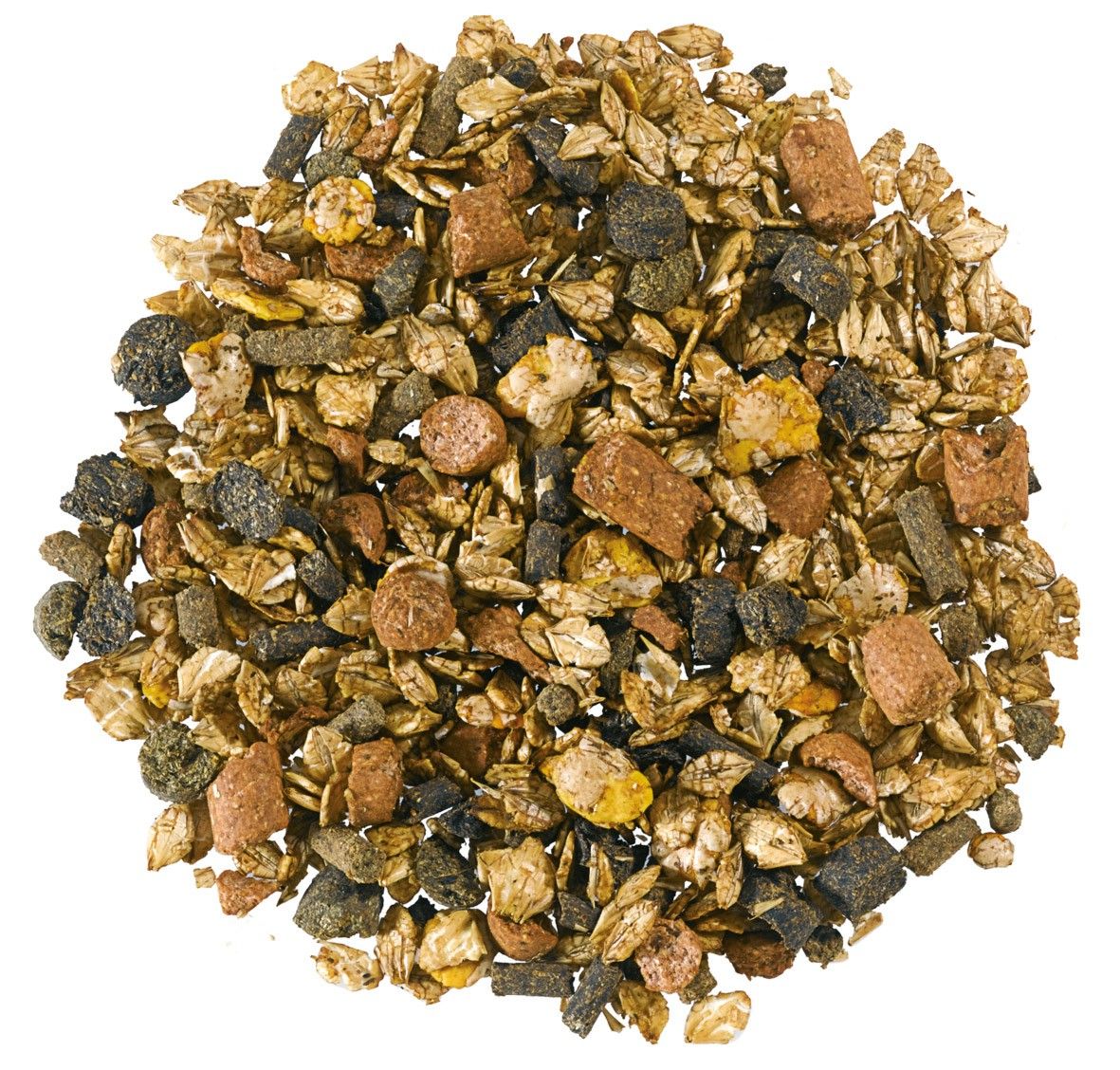 Nahaufnahme einer Müsli-Mischung. Verschiedene Bestandteile: Flocken, Pellets, Körner in verschiedenen Farben.